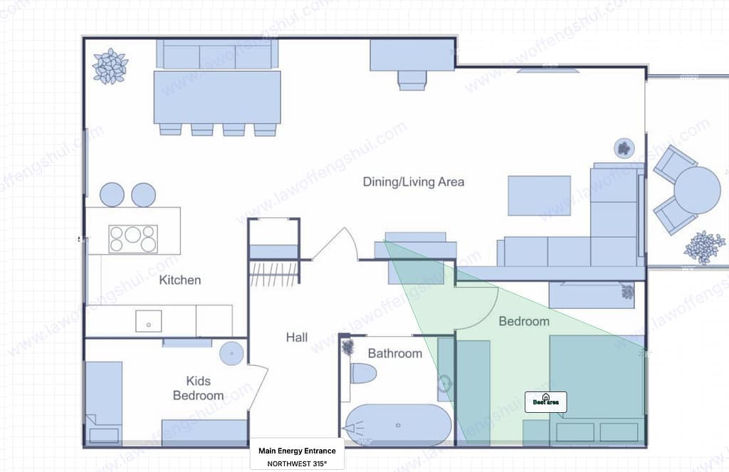 Find Best Study Area - Sarah. Dark green = Residential Wenchang zone. Light green = Personal Wenchang zone. Both overlap near Bedroom. "Best Area" label where the zones converge. Same apartment, opposite result from Maya.