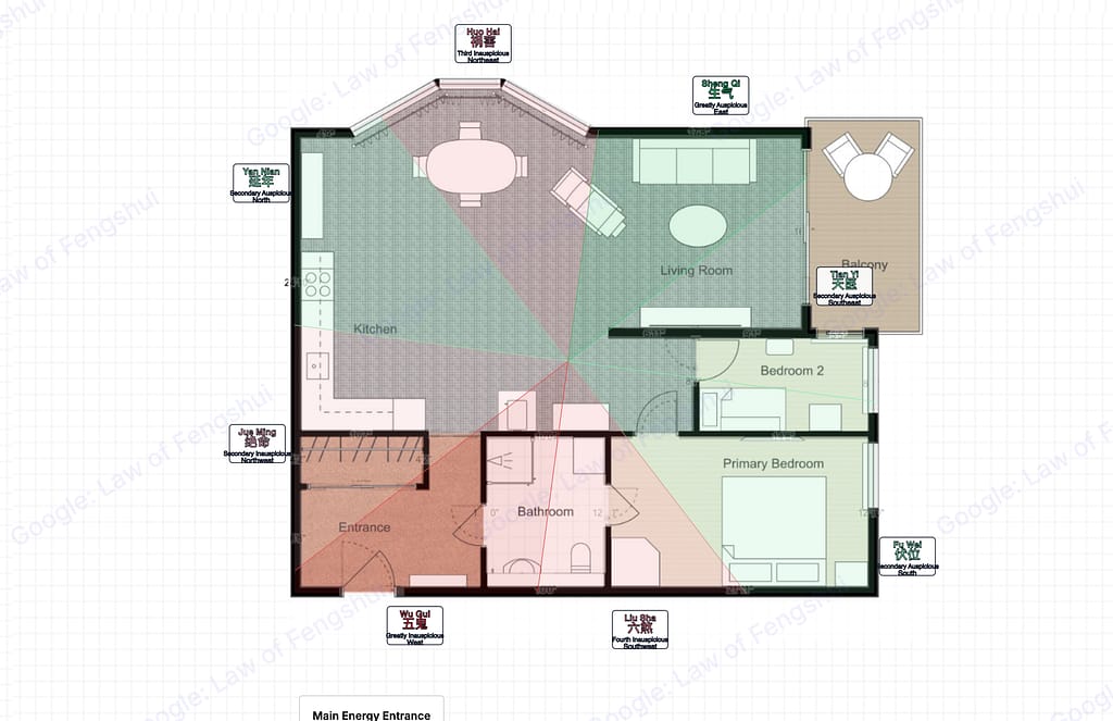 Ba Zhai Nine Star overlay on the San Diego open-concept 2BR apartment. All 8 sectors color-coded across the floor plan. Sheng Qi (dark green, Supreme Auspicious East) covers the living room east wall and balcony area. Huo Hai (pink, Minor Inauspicious) covers the upper-center of the living room. Jue Ming (dark red, Supreme Inauspicious) covers the entrance and southwest sector.