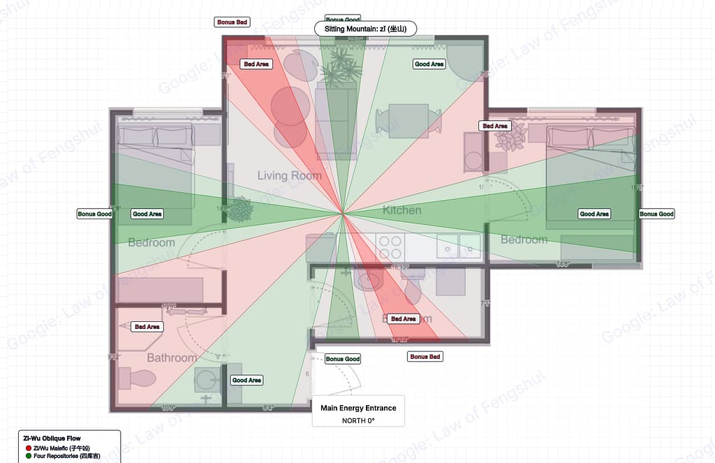 feng shui bed placement he chong and zi-wu overlay on 2BR san diego condo showing good and bad bedroom sectors with main energy entrance north 2026