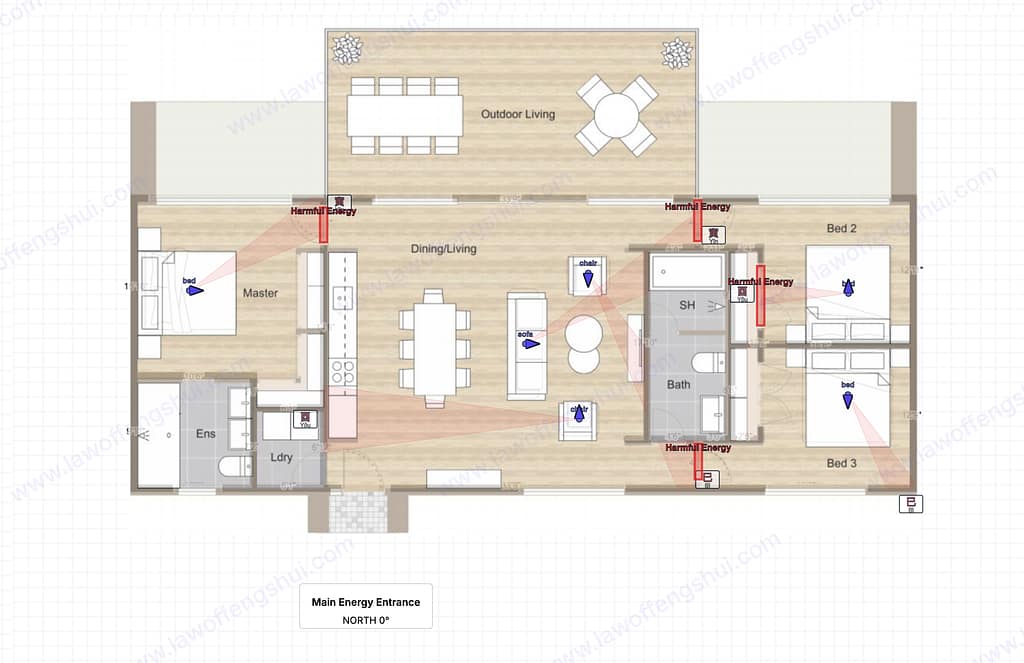 Jie Sha innerview overlay on 3BR floor plan. Red "Harmful Energy" markers on Bed 2, Bath, Bed 3 (right wing). Master bedroom (left wing) clean. Sitting Mao (卯), robbery sector at Ding (丁).