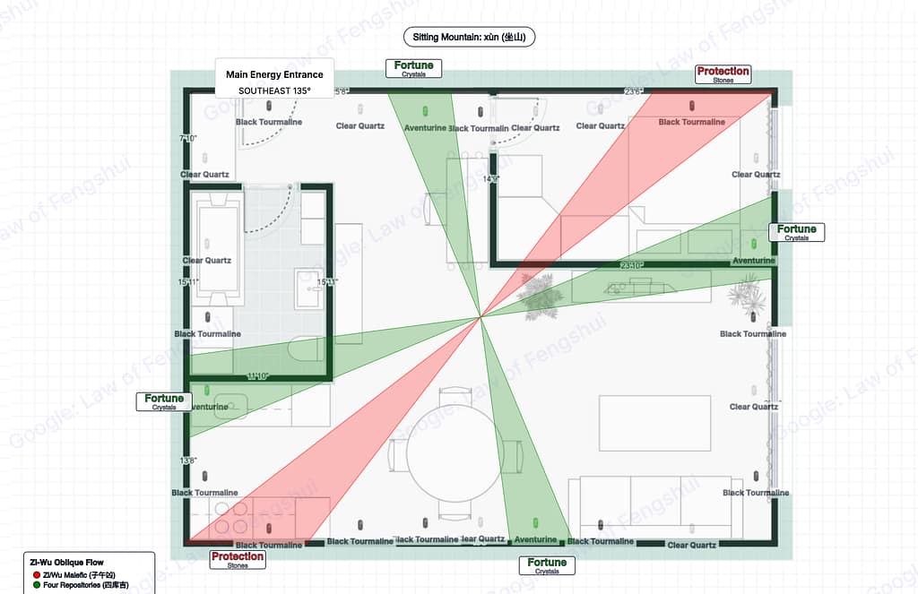 Zi-Wu Oblique Flow feng shui overlay with red and green fan sectors radiating from building centroid showing calculated positions for Fortune Crystals (Green Aventurine) and Protection Stones (Black Tourmaline) on the 1BR apartment floor plan
