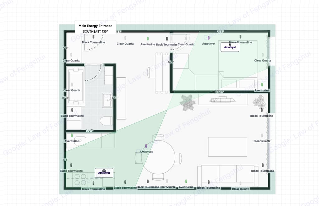 Step 3 adds Amethyst at the residential Wenchang position. The career and study star is calculated from the building's sitting direction, not by room function.