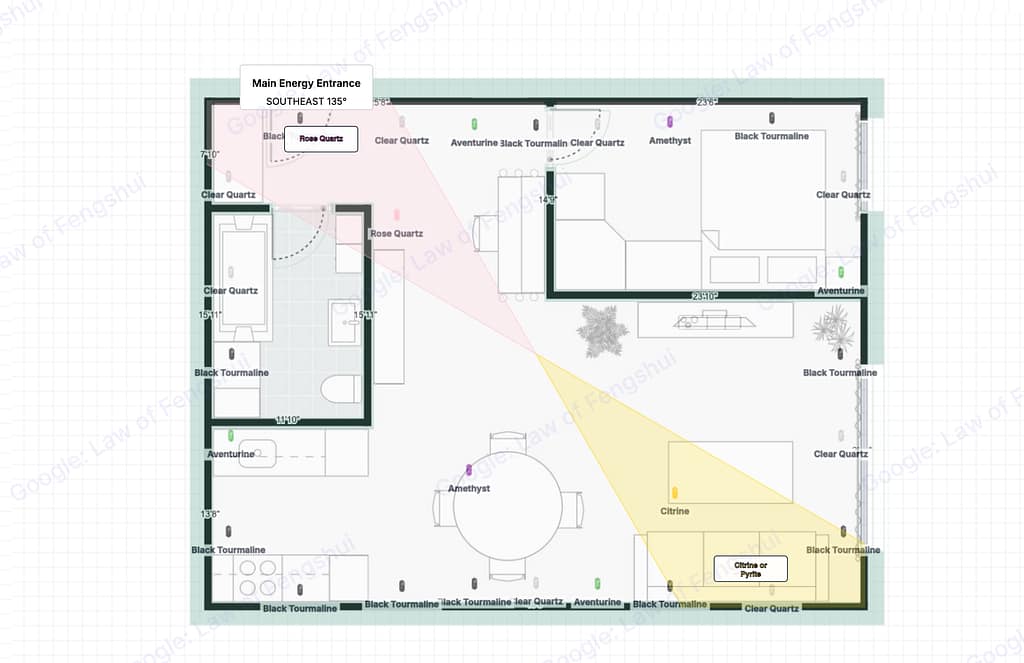 Step 4 places Citrine at Tianxi (joy) and Rose Quartz at Hongluan (romance). In 2026, Tianxi benefits Rabbit-born and Hongluan benefits Rooster-born. Rose Quartz ended up near the bedroom, but only because the Hongluan star calculated to that compass sector.