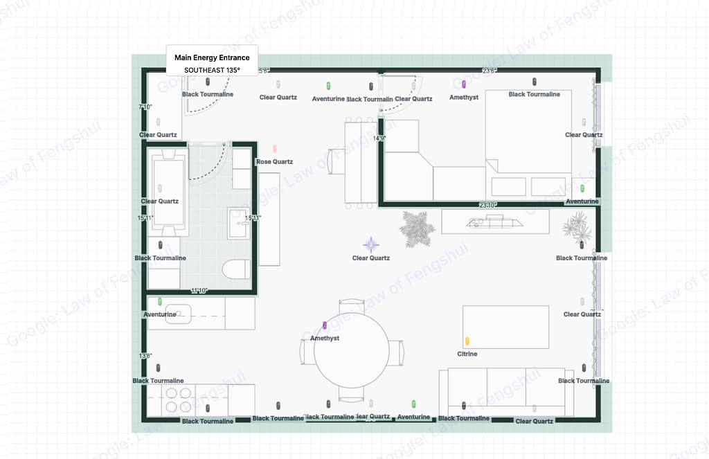 Step 5 places Clear Quartz at the exact centroid. The completed grid shows all ~24 crystals from all five steps: perimeter protection (Steps 1-2), career and romance crystals (Steps 3-4), and the central amplifier (Step 5).