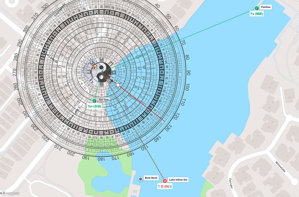 Luopan compass overlay on satellite map showing star sector assignments around the property