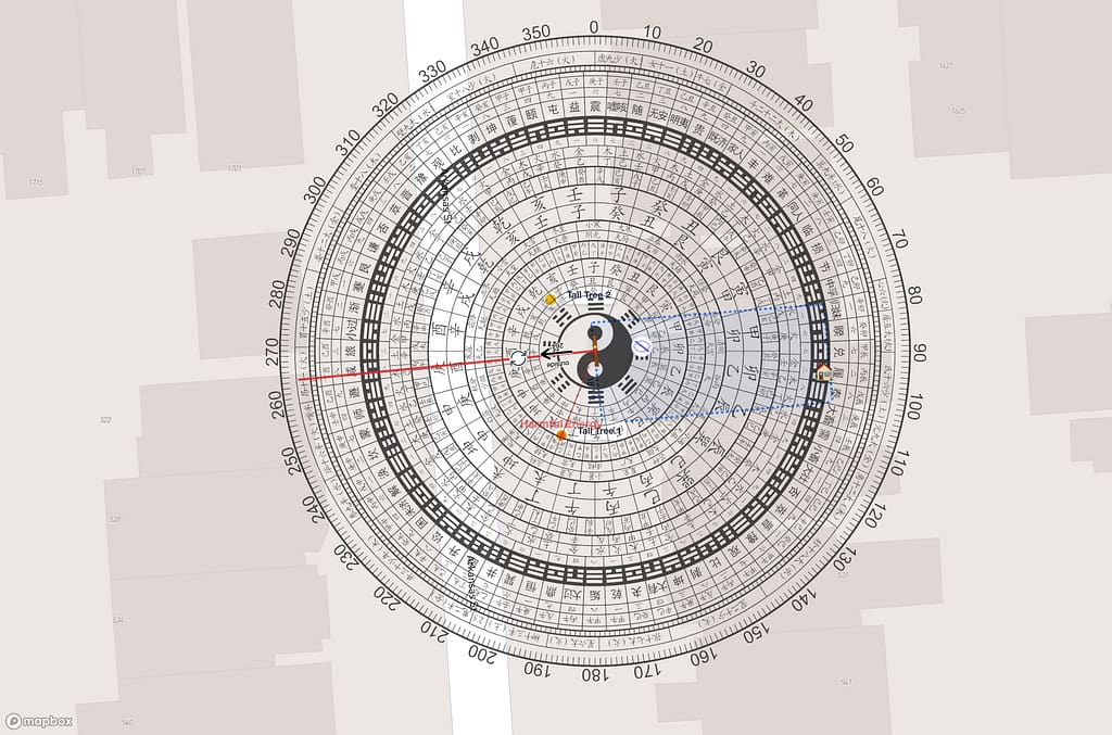 Jie Sha outerview with compass overlay on satellite map. Tall Tree 1 flagged red in Ding sector. Tall Tree 2 clear. 525 Arkansas Street, San Francisco.