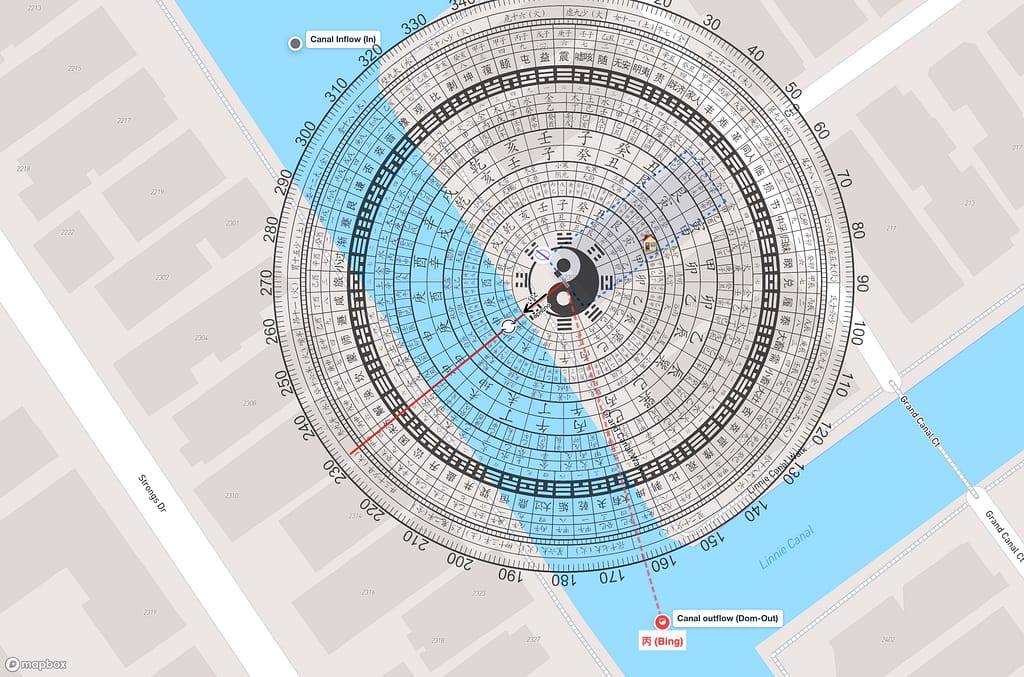 Satellite view. Grand Canal and Linnie Canal visible as dark water channels. Property on Grand Canal Walk with analysis markers at canal inflow and outflow locations.