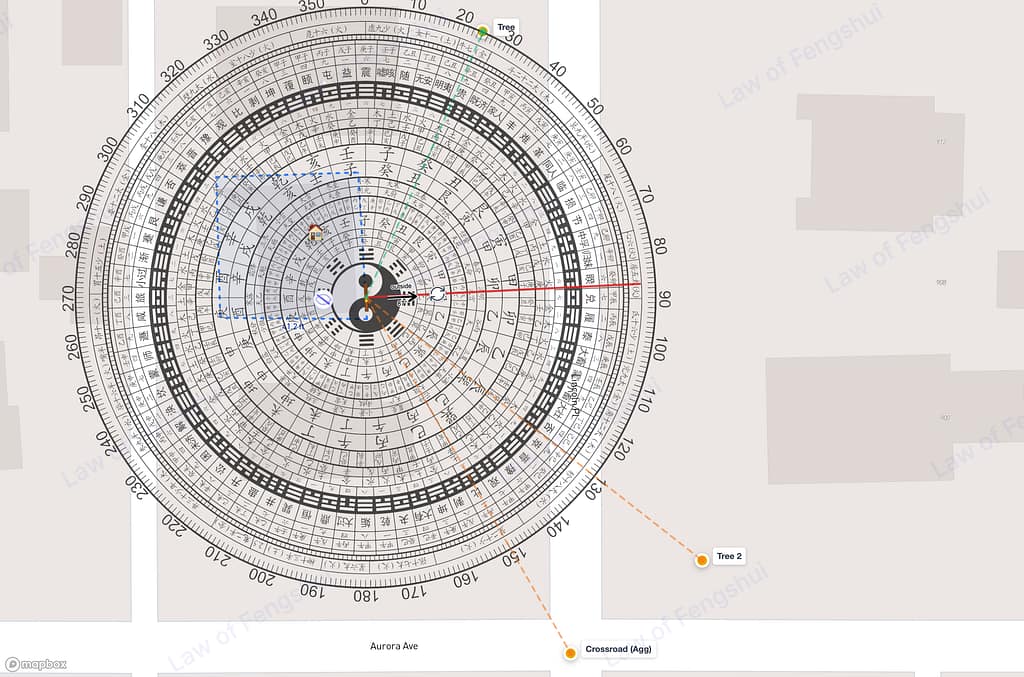 Full luopan compass overlay centered on Boulder property, showing Tian Pan lines extending to crossroad (巳), Tree 2 (辰), and Tree (癸)