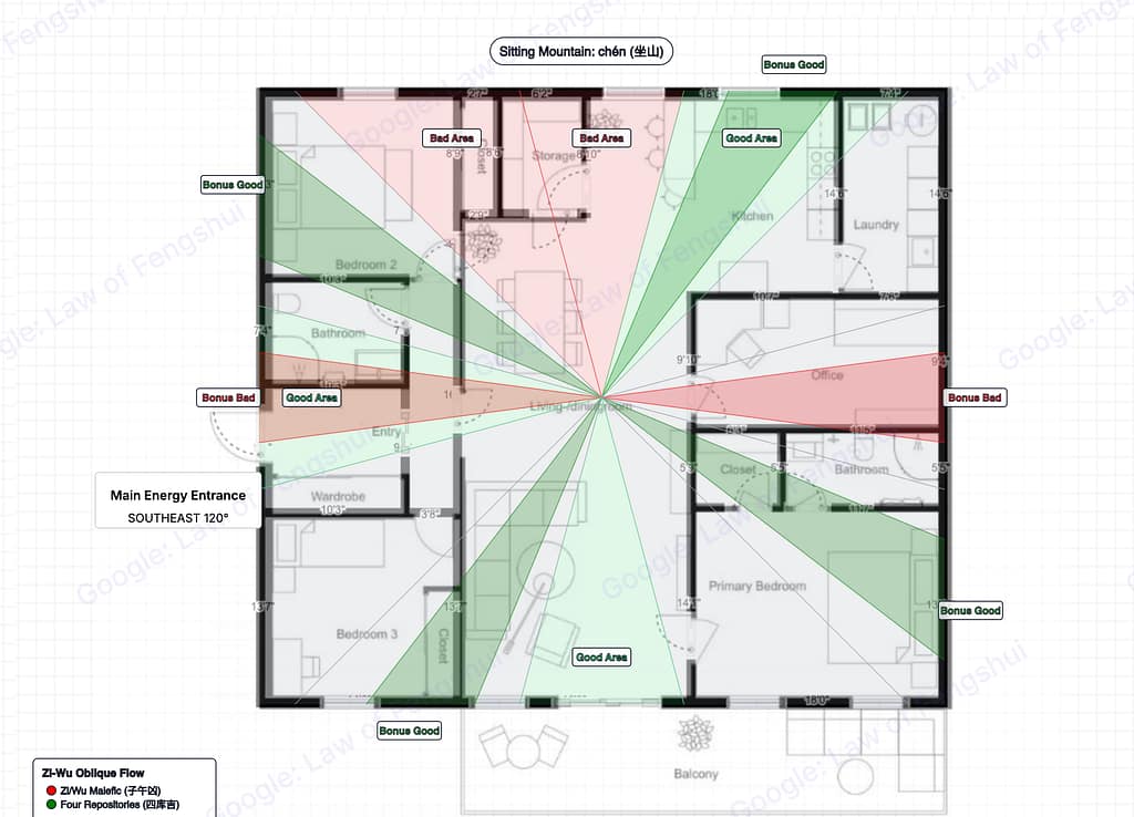 He/Chong and Zi-Wu Oblique Flow combined overlay on the 3-bedroom La Jolla floor plan. Green zones show favorable areas for desk and focused work; pink zones indicate areas to avoid. Zone labels: Good Area (kitchen/laundry side), Bonus Good (primary bedroom, Bedroom 3, entry zone), Bonus Bed (the dedicated Office room), Bad Area (storage/hallway).