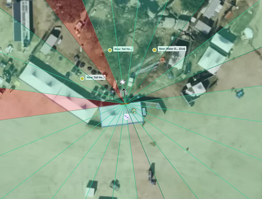 Financial Optimizer - 24 compass sectors color-coded green/red for financial prosperity scoring, three objects mapped on satellite view of north-facing Austin property. Alt text: "feng shui house financial category scoring overlay showing green auspicious and red harmful compass sectors on north-facing Austin Texas property 2026"